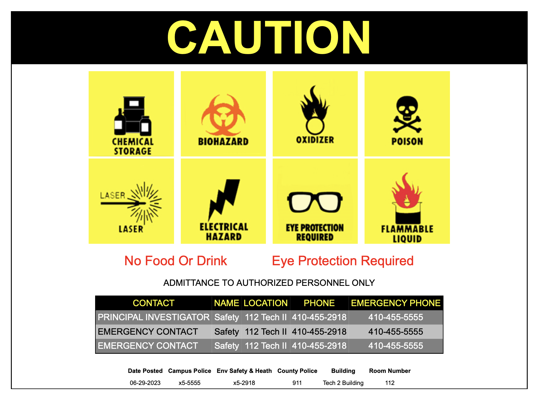 Laboratory Door Signs – Environmental Safety and Health – UMBC