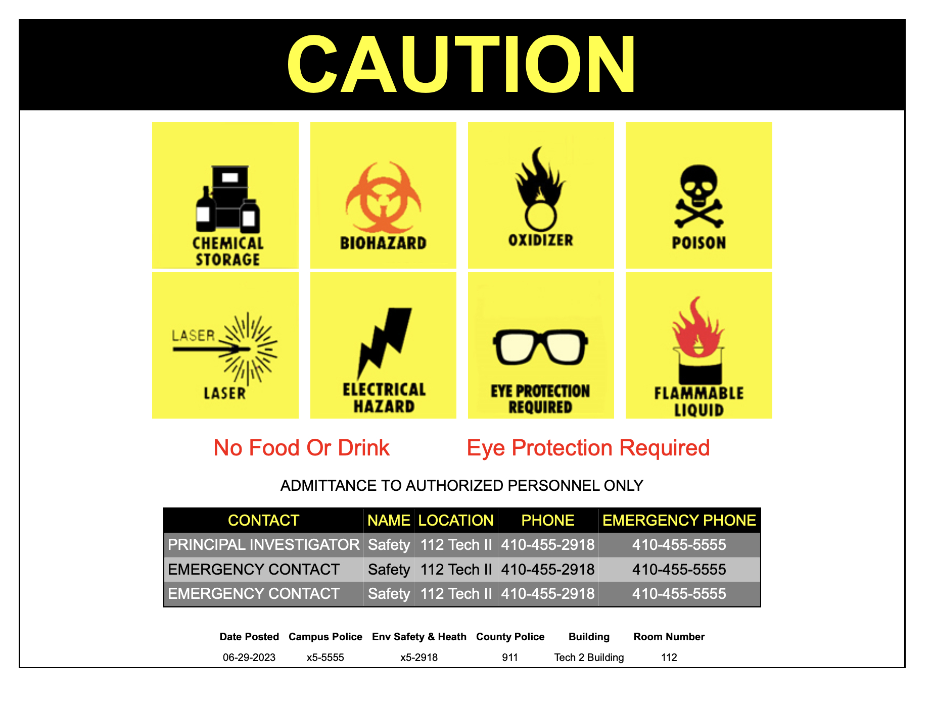 Laboratory Door Signs Environmental Safety And Health Umbc